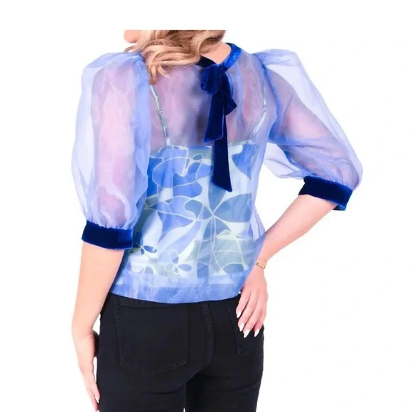 Sheer Blue Puff Sleeve Blouse - Picture 2 of 5